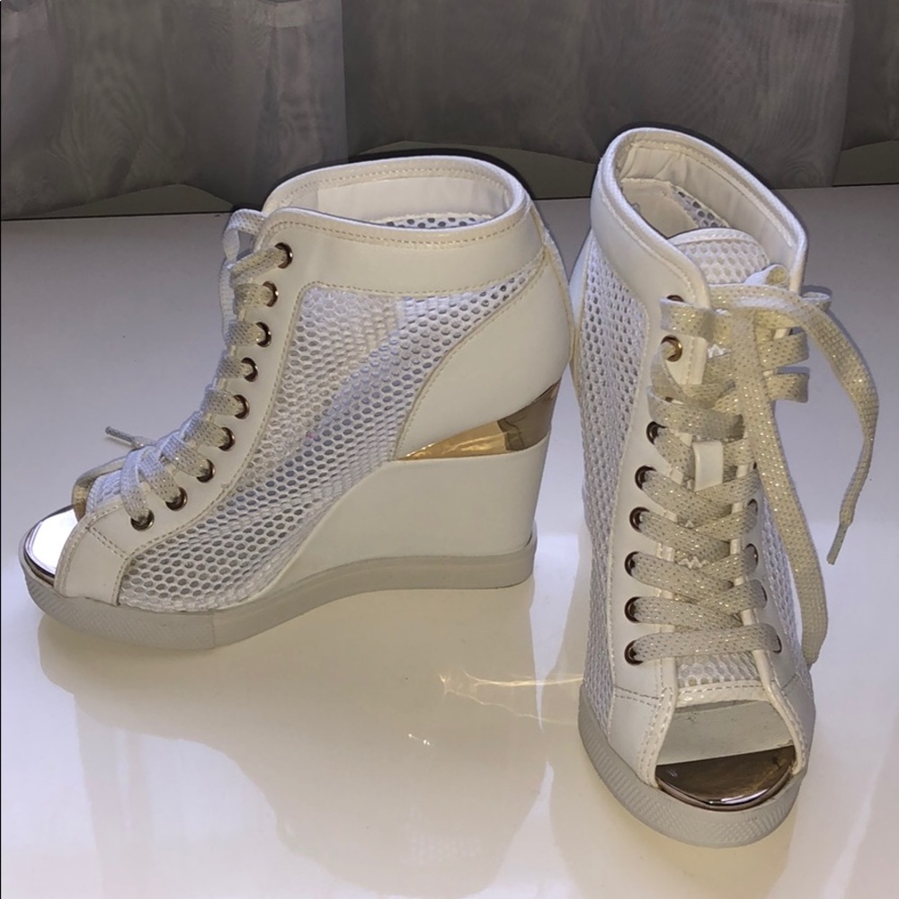 White mesh with gold detail lace up wedges